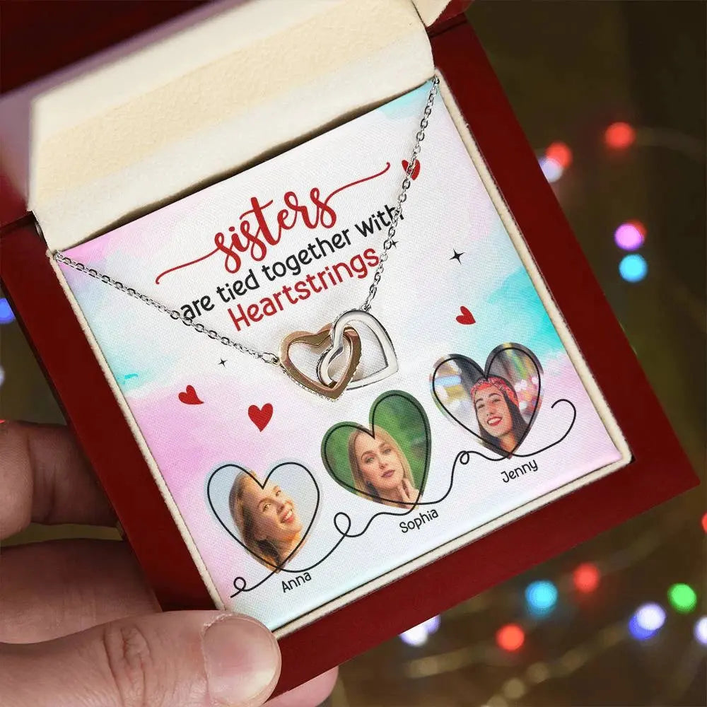 Sisters Are Tied Together With Heartstrings - Custom Photo Interlocking Hearts Necklace - Perfect Gift for Sisters or Besties.