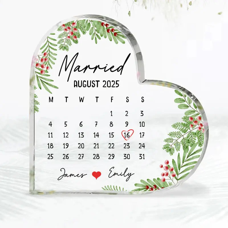 Married Calendar Heart Acrylic Plaque - Personalized Wedding Gift for Couples, Newlywed Keepsake.